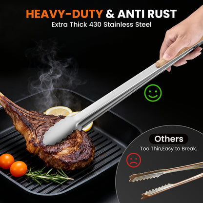 17-Inch Grill Tongs - Locking Metal Tongs with Oak Wood Handles,Stainless Steel Kitchen Tongs for Cooking,Long Tongs for Grilling,BBQ,Serving and Outdoor Barbecue,Heavy Duty,Heat-Resistant and Durable