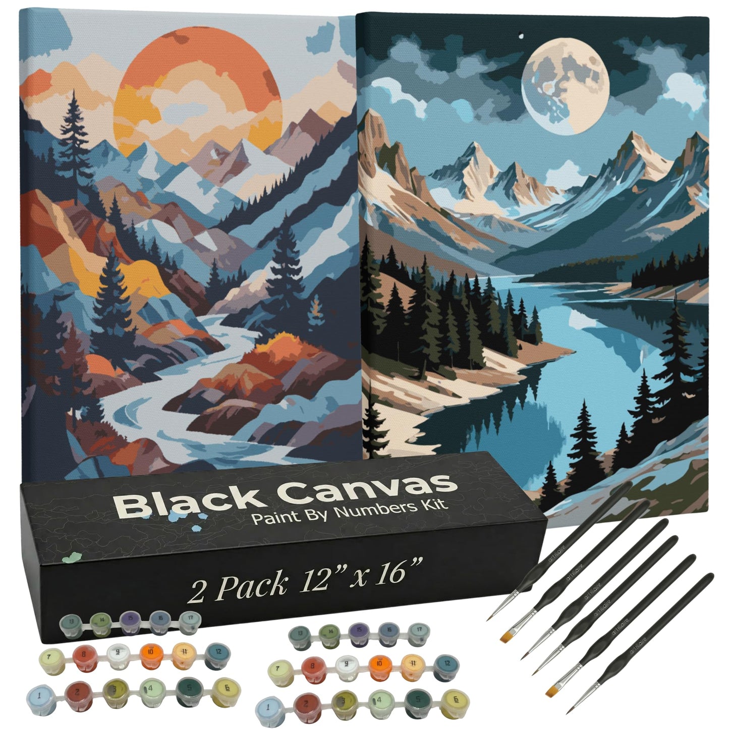 Artellaire 2 Pack Paint by Numbers Kit for Adults 12" x16” Black Canvas for Painting Kit in A Colorful Box with Precision Paintbrushes and Acrylic Paints. Mountain Lake and Sunset (Without Frame)