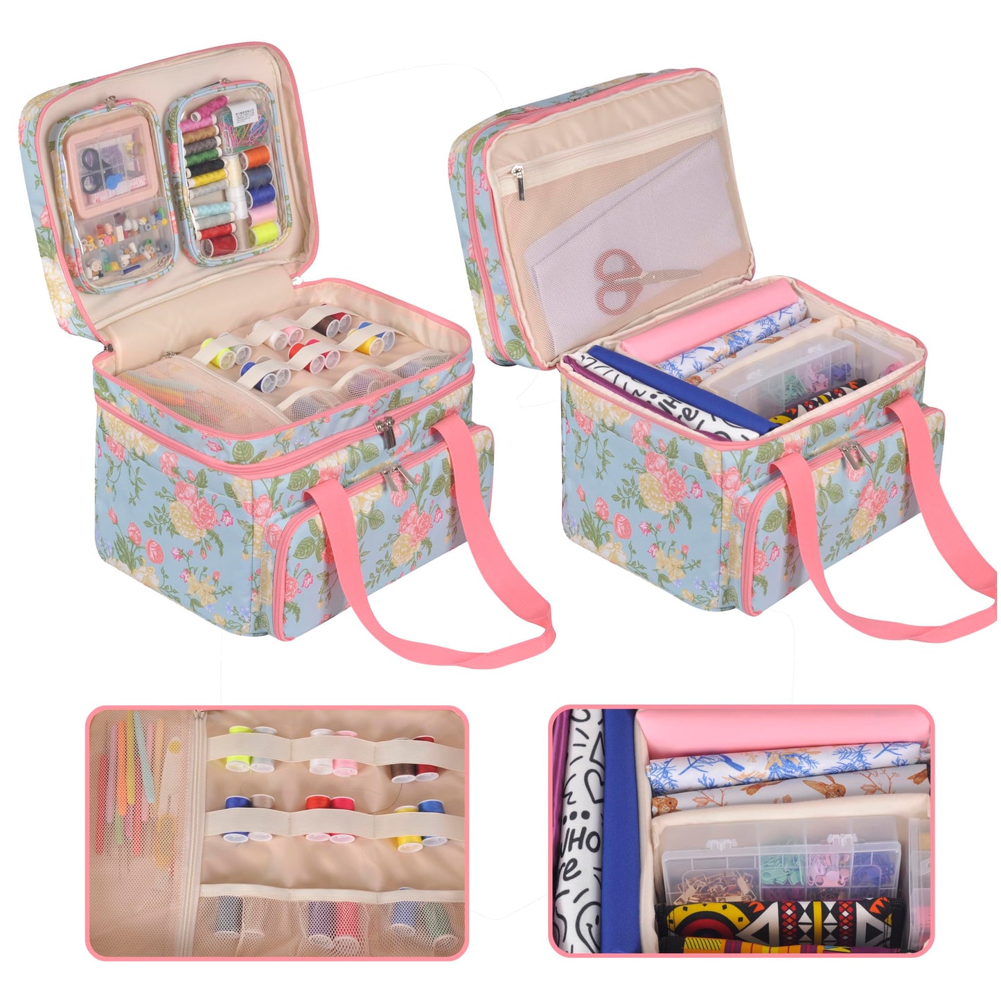 Remobia Hicol Sewing Accessories Organizer,Double Layer Sewing Storage Organizer Bag with 2 Detachable Pouches and 2 Pack Clear Plastic Organizer Box,Large Sewing Supplies (Rose Pattern)