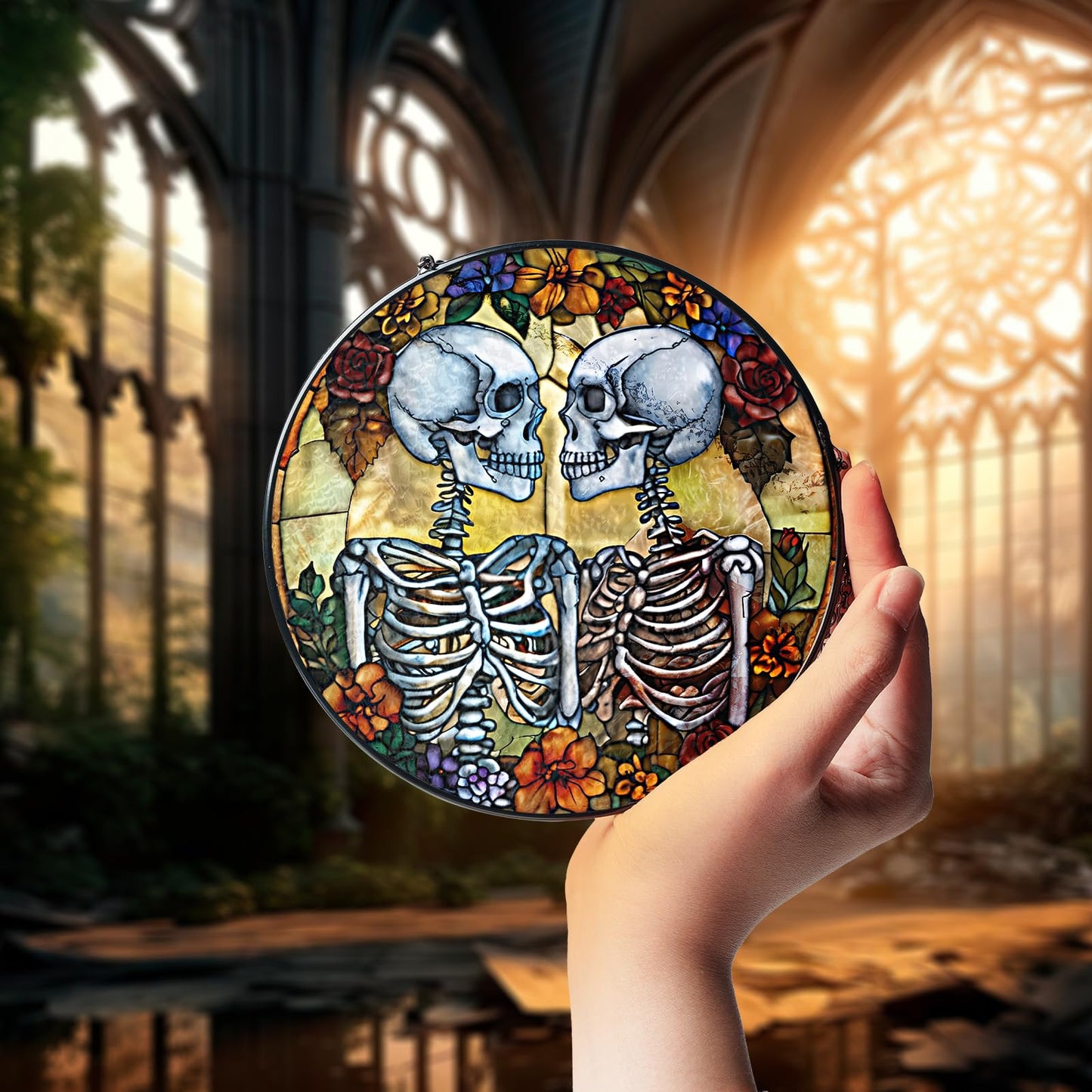 7.8" Skeleton Couple Stained Glass Suncatchers, Gifts for Women Men Wife Husband Hanging Indoor Window, Decorative Halloween Valentine Skeleton Lovers Kissing ART-01E-SG8