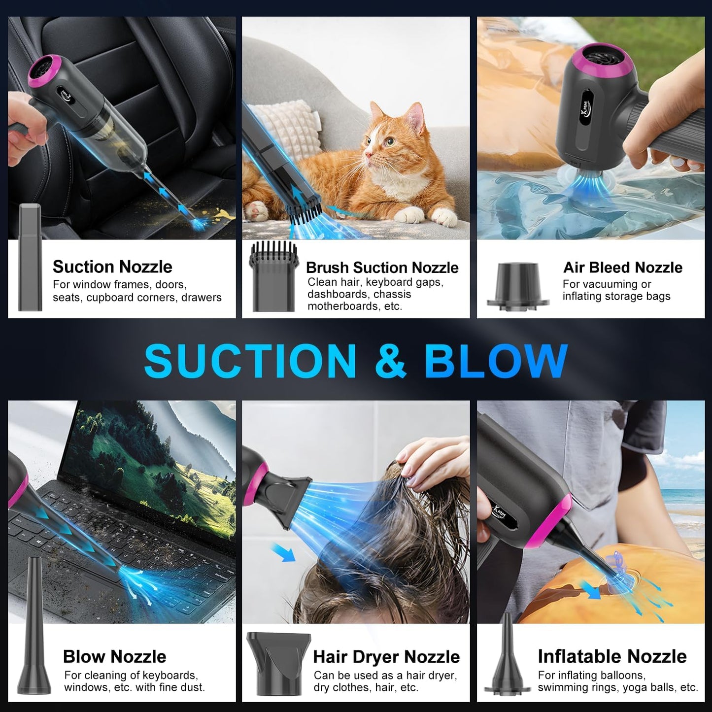 KMM Handheld Car Vacuum Cleaner, 4 in 1 16000Pa Air Duster, 3-Speed Adjustable with LED Light