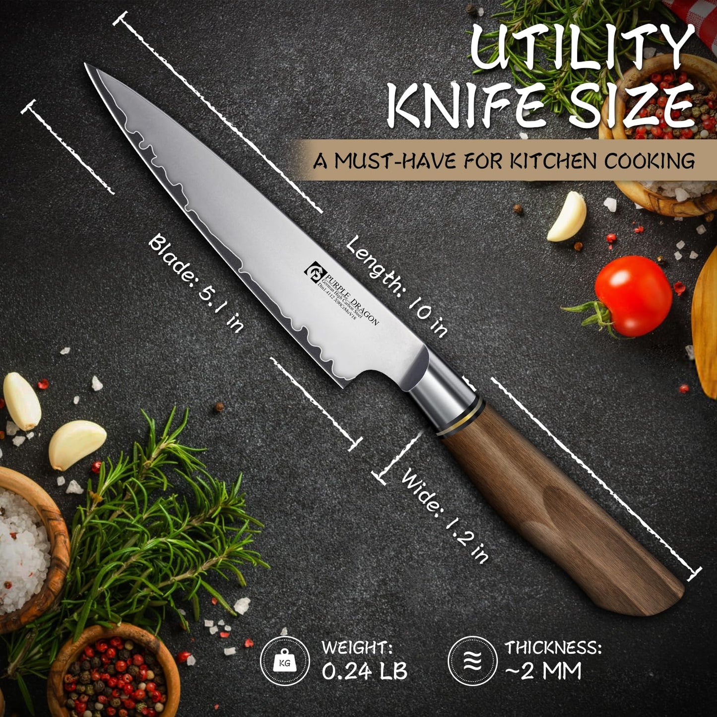 Purple Dragon Kitchen Utility Knife 5.1 Inch, Vg10 Steel Ultra Sharp Blade, Small Kitchen Fruit Paring Knife with Ergonomic Wooden Handle Christmas Gift for Men and Women
