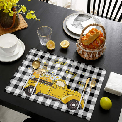 Sweet Honey Bee Placemats Set of 6, Washable Heat-Proof Table Mats for Kitchen Dinner Banquet, Summer Bee Yellow Truck