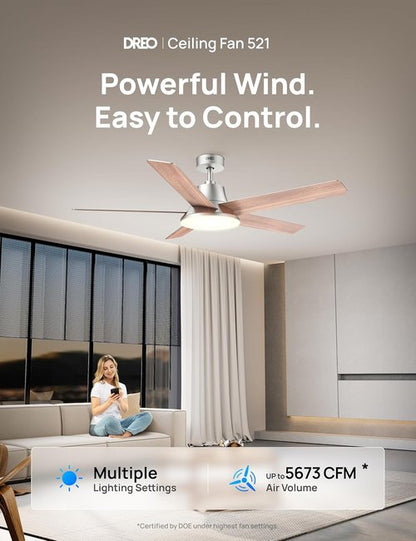 DREO Smart Ceiling Fan - 52 Inch with Dimmable LED Lights, 12 Speeds & Quiet DC Motor | Remote & Alexa Control
