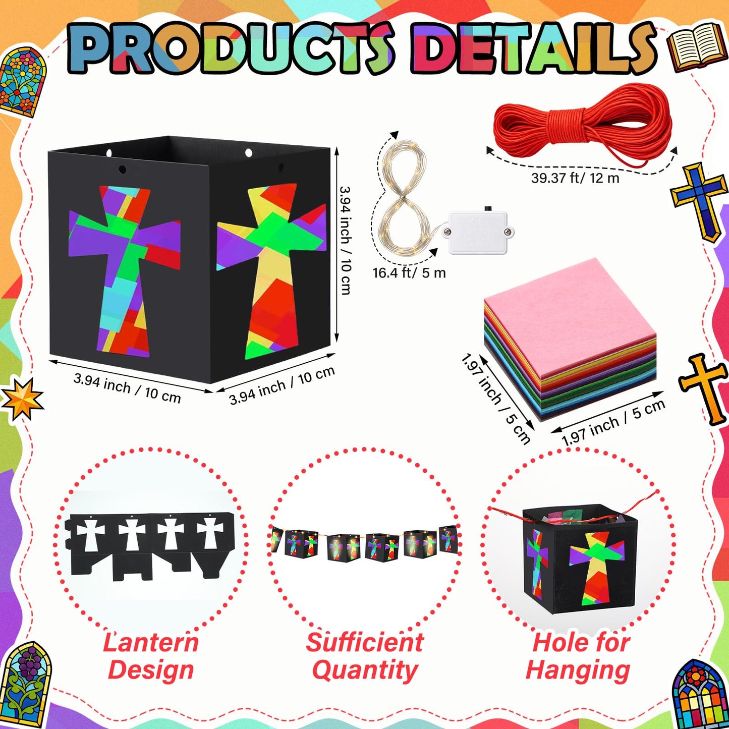 VIHOSE 24 Sets Religious Cross Craft Christian DIY Hanging Christian Lantern Tissue Paper Crafts with Light String Make Your Own Paper Lantern Decorations for Church Sunday School Vbs Activities