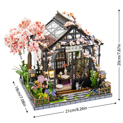 Plustopoy DIY Miniature House Kit, 3D Wooden Dollhouse with LED Lights, Creative Book Nook Kit for Home Decor, Japanese Sakura Greenhouse Miniature Room Kit Craft Building Model Gift for Women