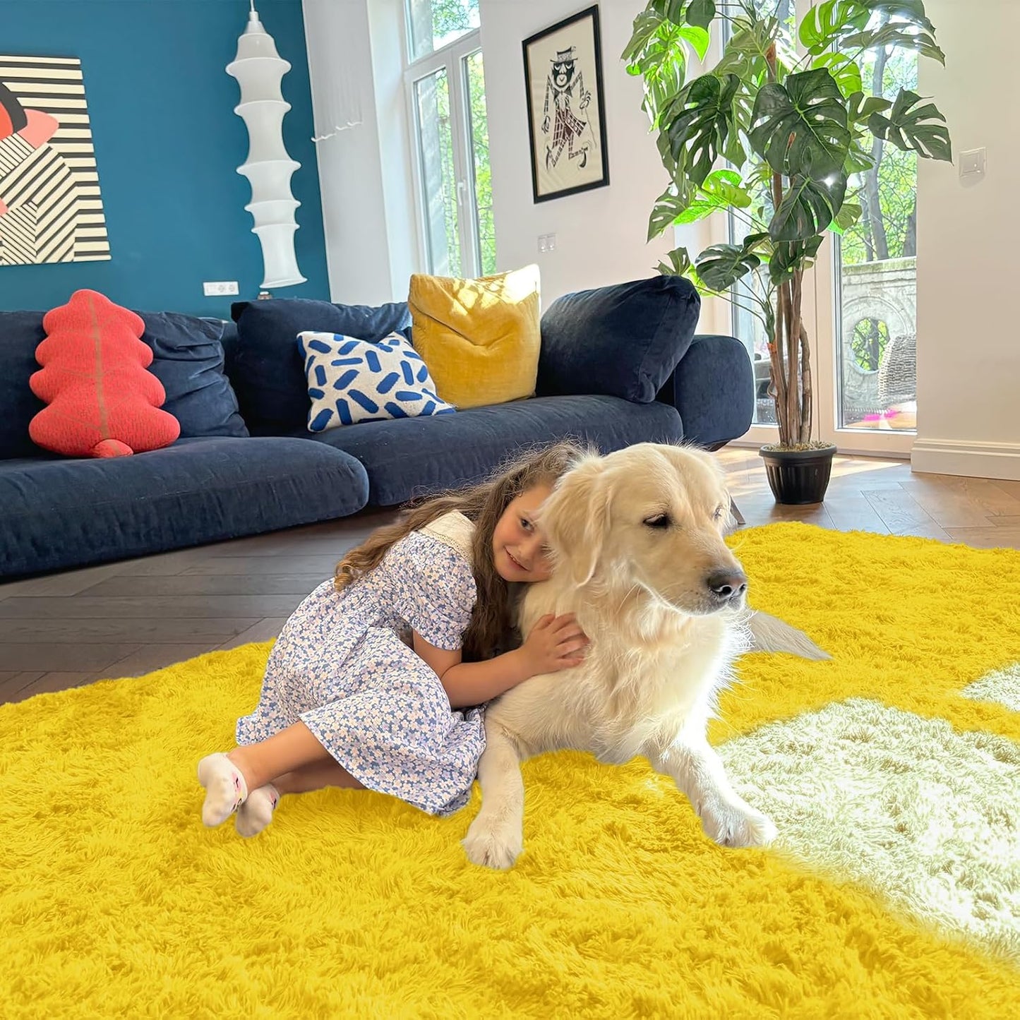 OLANLY Large 5x8 Machine Washable Area Rug - Soft Fluffy Shaggy Carpet for Living Room & Bedroom | Yellow