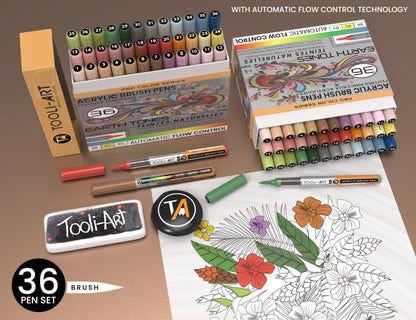 36 Earth Tones Flexible Brush Tip Acrylic Paint Pens Automatic Flow Control 1-5mm Line for Rock Painting,Coloring, Lettering,Scrapbooking,Glass,Mugs,Wood,Metal,Canvas,Fabric,Plastic Waterbased