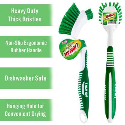 Libman Dish Brush Set with Long Handle - Deep Cleaning Brushes - Dish Scrubber & Scraper - Kitchen Scrub Brush for Dishes, Sinks, Pots, Pans, Vegetables