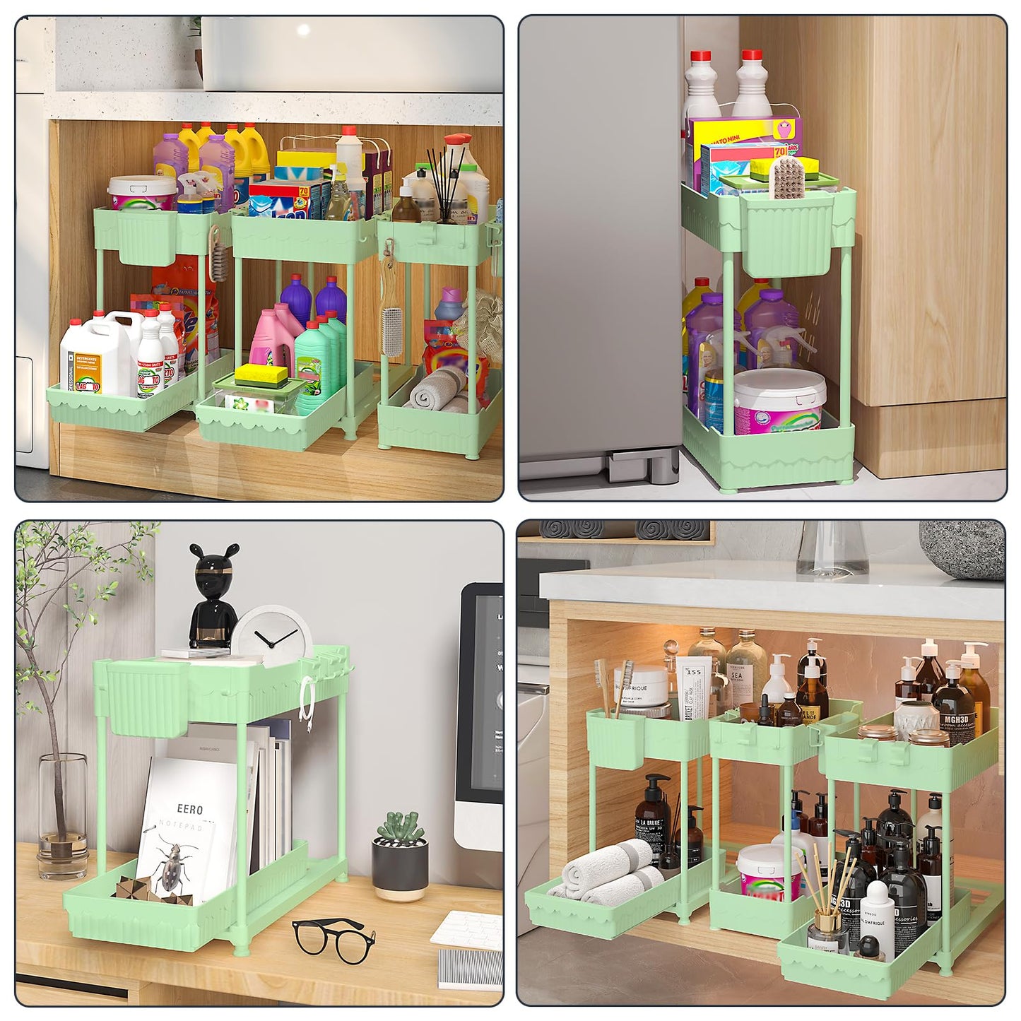 3 Pack Under Sink Organizers, 2-Tier Multi-Use Kitchen and Bathroom Organizers and Storage with Sliding Drawers，Bathroom Cabinet Organizer (Black, 12.8 Inch)