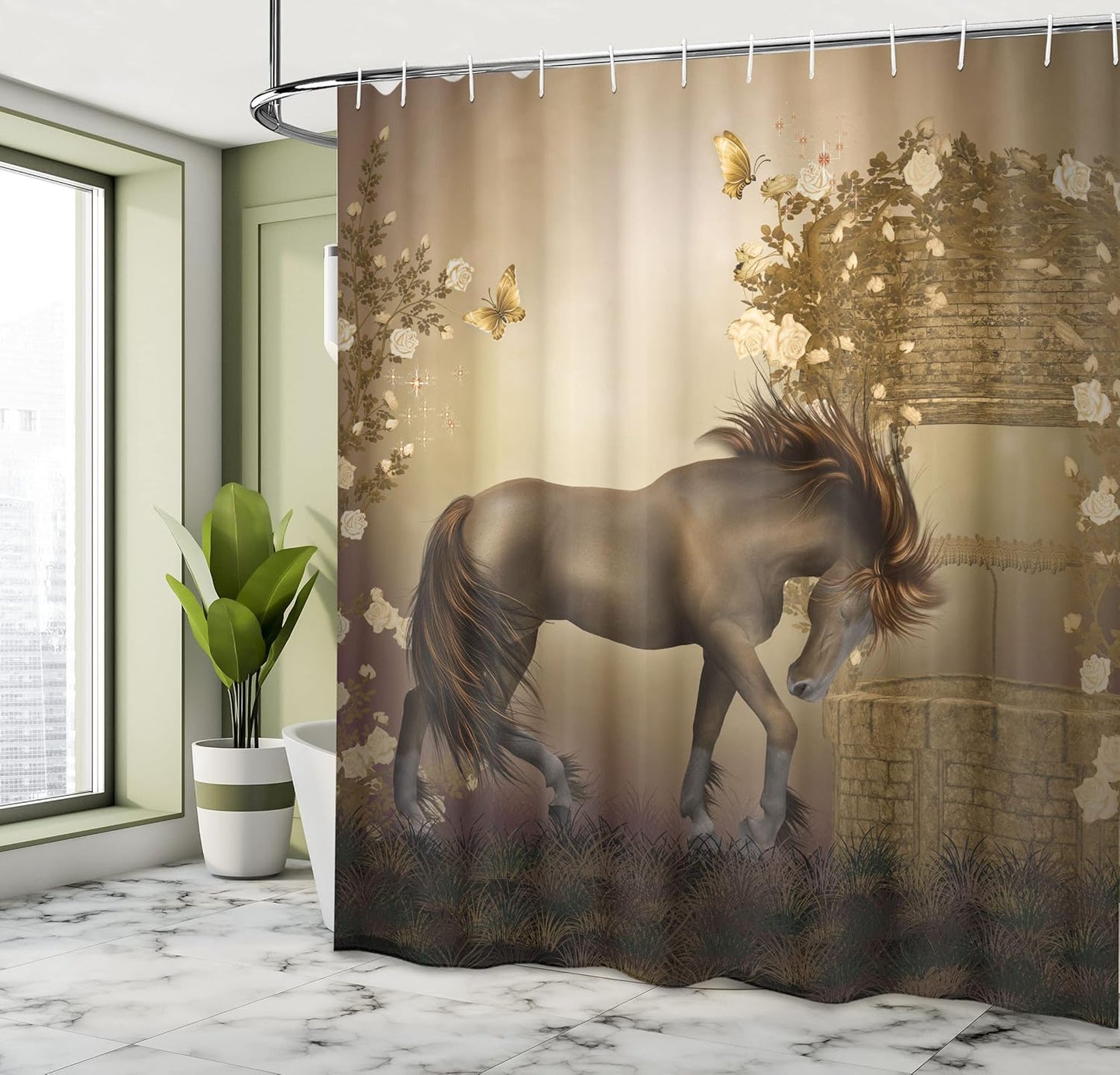 Ambesonne Mystic Shower Curtain - Horse in Roses Garden with Butterflies, Cloth Fabric Bathroom Decor Set, 69" W x 70" L