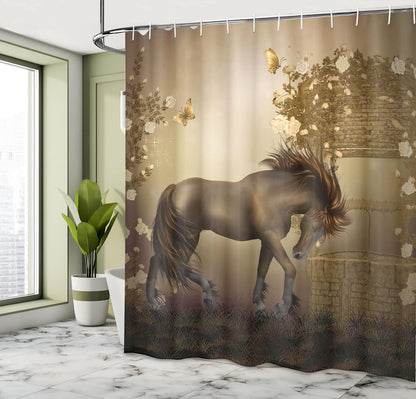 Ambesonne Mystic Shower Curtain - Horse in Roses Garden with Butterflies, Cloth Fabric Bathroom Decor Set, 69" W x 70" L