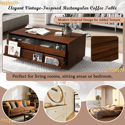 Merax Modern 47.2" Rectangle Coffee Table with 4 Drawers and 2 Display Shelves, Wood Fluted Style Center Tables w/Tempered Glass for Living Room Reception Room, Brown