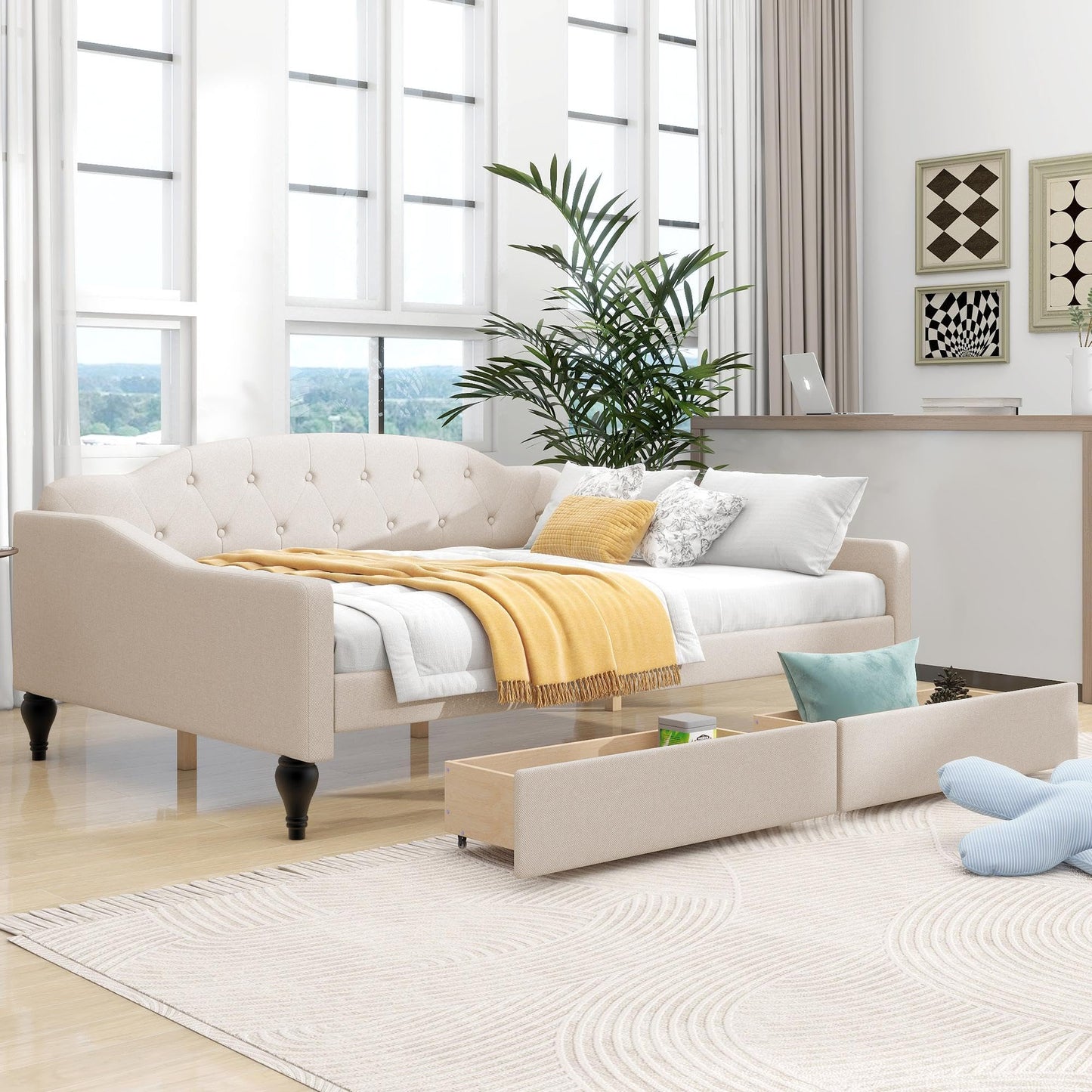 GDFStudio Full Size Upholstered Tufted Daybed with Two Storage Drawers – Linen Fabric, Solid Wood Frame, Space-Saving Design, Beige