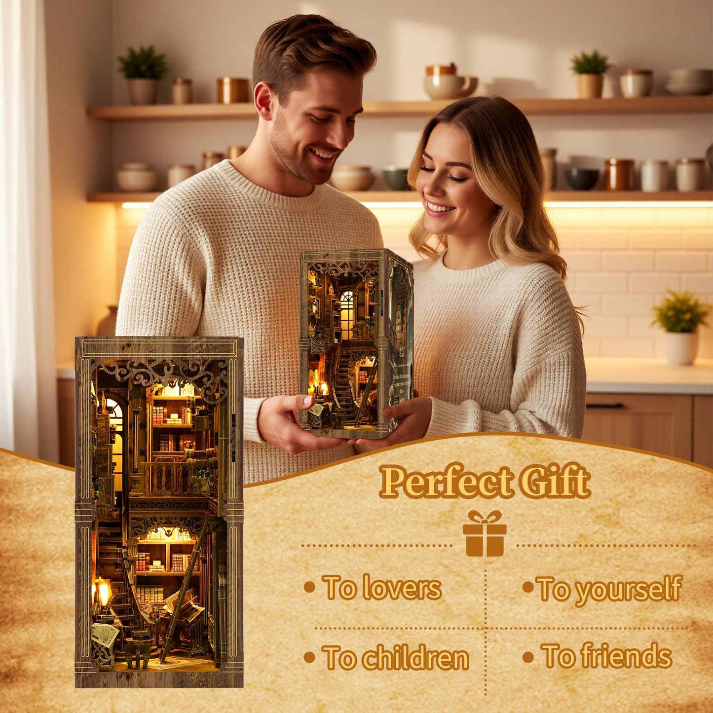 Book Nook Kit, Book Nook for Adults 3D Wooden Puzzle with Sensor Led Light,DIY Miniature House Kit Bookshelf Insert Decor for Adults Booknook Model Kits