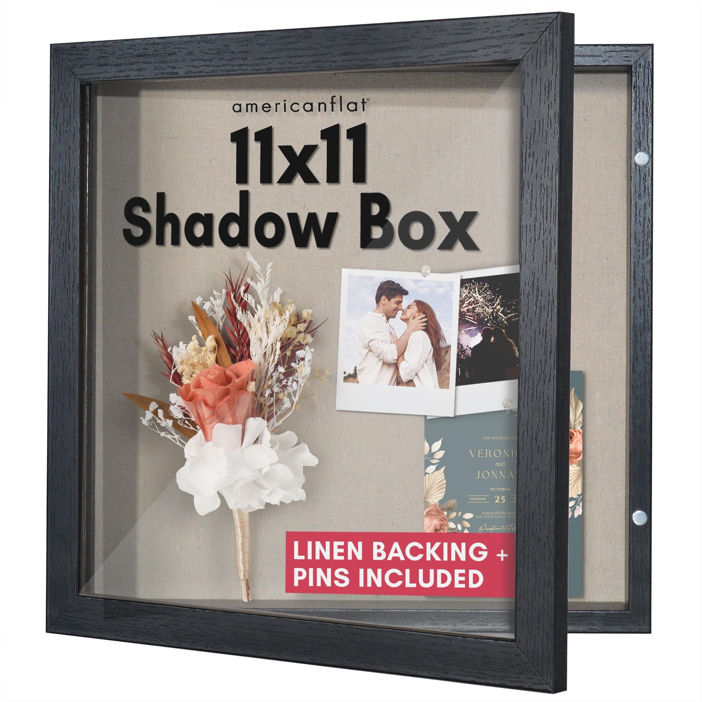 Americanflat Front Opening 11x11 Shadow Box Frame with Shatter-Resistant Glass - Silhouette Collection - Shadow Box Display Case for Tabletop and Wall Display - Black
