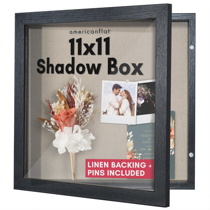 Americanflat Front Opening 11x11 Shadow Box Frame with Shatter-Resistant Glass - Silhouette Collection - Shadow Box Display Case for Tabletop and Wall Display - Black