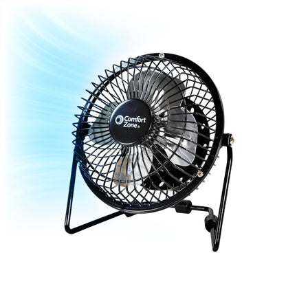 Comfort Zone 4-inch All-Metal Desk Fan with USB or Power Cord, Single Speed, 360 Degree Adjustable Tilt, Compact & Durable Mini Electric Fan for Home, Office or Travel Use, Black
