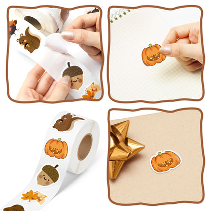 Kirako 600Pcs Fall Stickers Roll of 8 Cute Pumpkin Maple Leaves Animals Self Adhesive Labels Decals Seasonal Harvest Envelope Seals Scrapbooking DIY Crafts Decor Thanksgiving Autumn Party Favors Gift