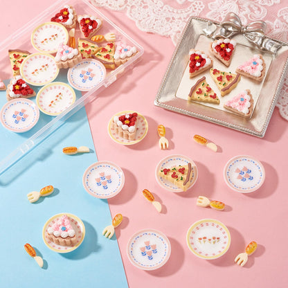 FASHEWELRY 42Pcs Cake Tableware Dollhouse Miniature Accessories Kitchen Tableware Display Ornament Resin Imitation Food Dessert Plate Fork Knife Cabochons for Garden Home Party Landscape Decoration