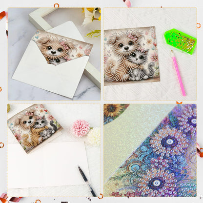 6 Pcs 5D Diamond Painting Greeting Cards Kits, Handmade Festival Greeting Cards with Envelopes DIY Diamond Art Crafts Birthday Cards Laser Effect for Birthdays Holidays Celebrations (Cat Dog Cuddling)