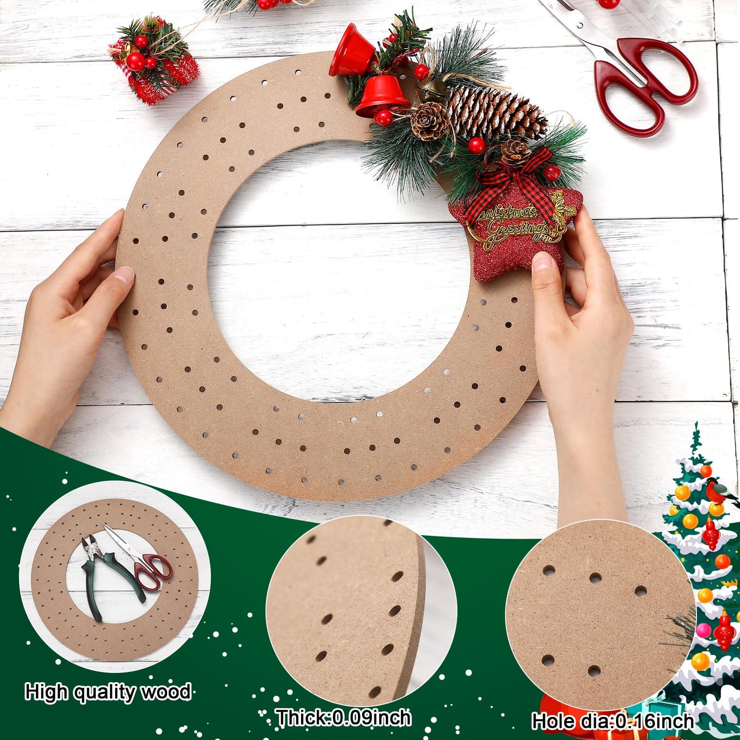 Thyle 6 Pcs Round Wreath Boards with Holes Wooden Summer Wreath Flower Boards Wood Ring Wreath Frame Supplies with 100 Nylon Cable Ties for DIY Crafts, Fall, Holiday Wedding Home Decor