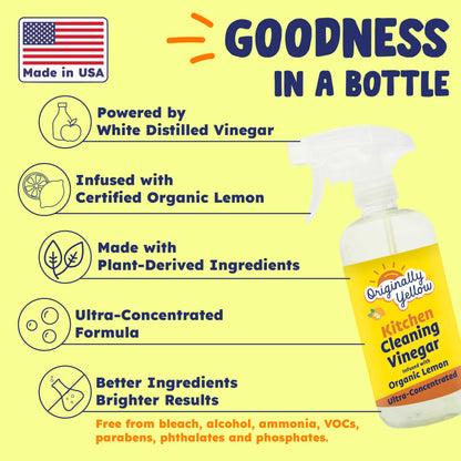 Originally Yellow Plant-Based Kitchen Cleaner | Powered by Natural Vinegar & Infused with Organic Lemon | Multipurpose Kitchen Counter Cleaner Works on Tile, Wood, Granite, & Marble, 16 Fl Oz (3-Pack)