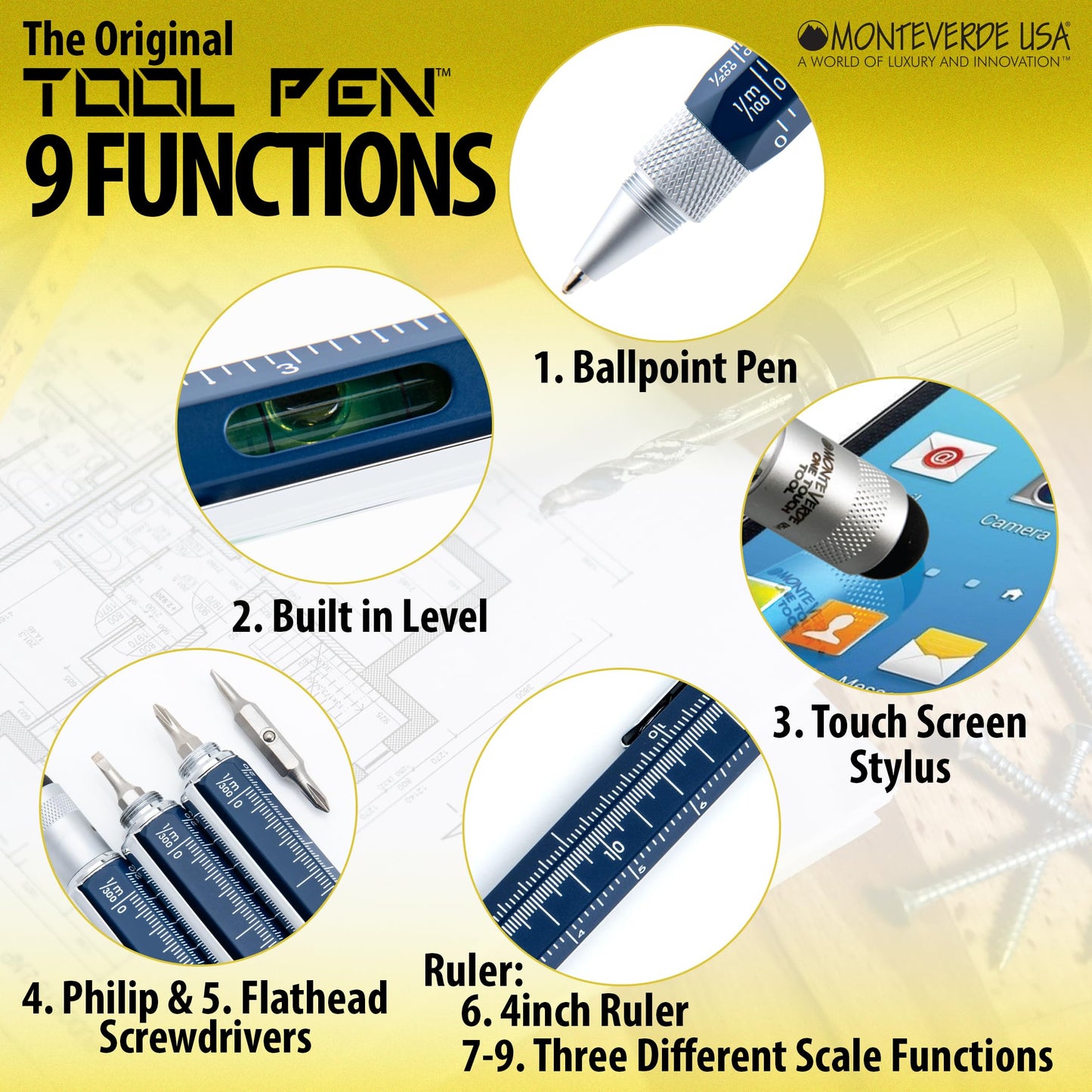 Monteverde USA 9-in-1 Tool Ballpoint Pen in Blue – Multifunctional Pen with Stylus, Screwdrivers, Level, and Ruler – Exclusive Collection, Ideal Gift for Professionals
