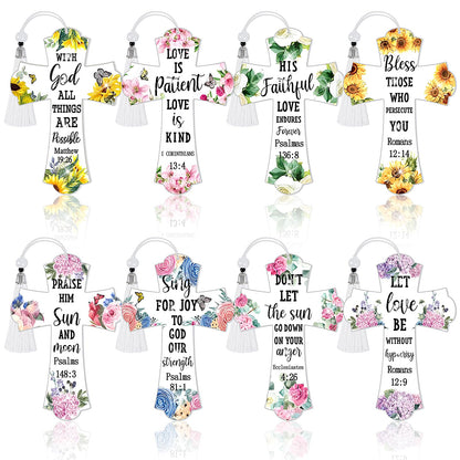 8 Pieces Christian Bible Verse Diamond Art Bookmarks 5d Christian Beaded Bookmark Acrylic Tassel Bookmark for DIY Making Beginners Kids Adults Arts Craft Supplies (Floral)