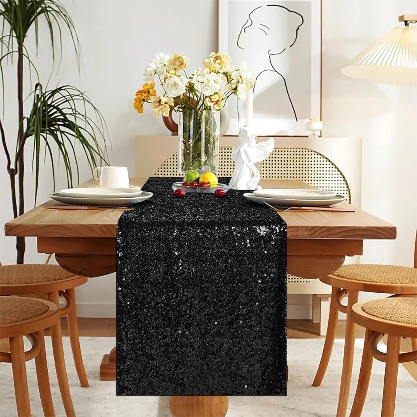 Black Sequin Table Runners, 4 Pack Glitter Table Runner for Parties, Weddings, Halloween, 12''x 72''