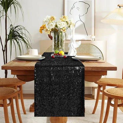 Black Sequin Table Runners, 4 Pack Glitter Table Runner for Parties, Weddings, Halloween, 12''x 72''