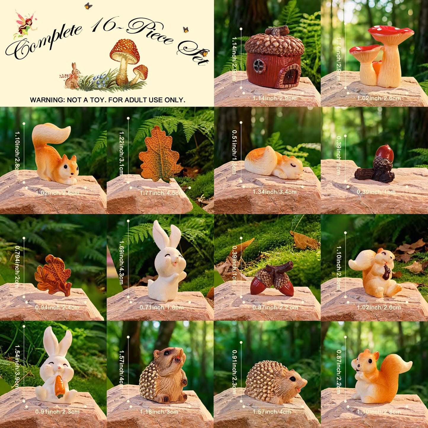 VerdantVibes Fairy Garden Accessories Kit – 16-Piece Miniature Woodland Decor with Pinecone House, Mushroom & Gift Box – Fairy Garden Figurines for Indoor Outdoor Fairy Garden Decorations
