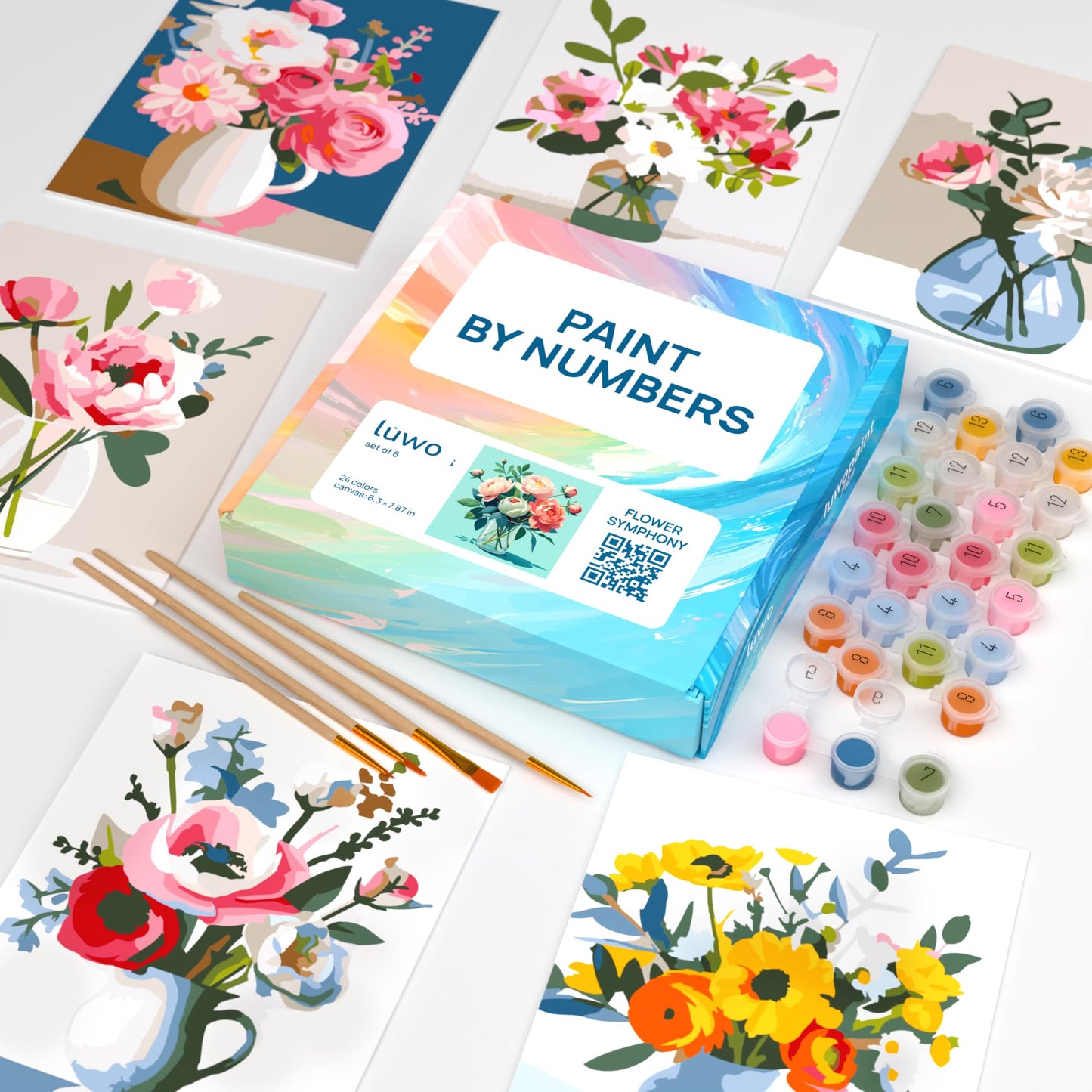 LuwoArte 6 Pack Paint by Numbers Kit for Adults – Flower Symphony – Floral Paint by Numbers for Adults Beginners – DIY Adult Paint by Number Kit – Relaxing Painting Set for Wall Art – 6.3 x 7.87 inch