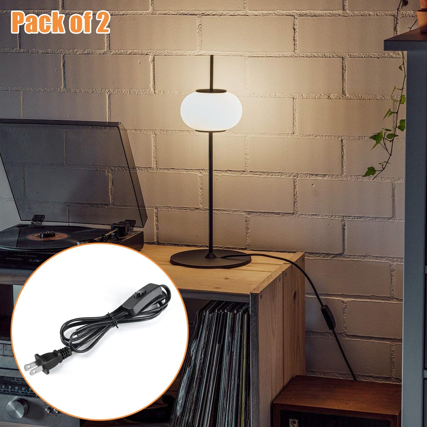 Asjeumt 2Pcs 8FT Lamp Cord with Switch Replacement Lamp Cord Switch Set with Plug 2 Polarized Black 18 AWG SPT-2 Wire ON OFF Button Switches 8 Feet DIY Rewiring Repairing Wiring Electrical Light Cords