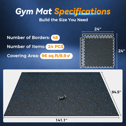 SUPERJARE 1" Extra-Thick Rubber Top Exercise Mat, Puzzle Gym Flooring for Home Gym, Gym Mat for Workout Equipment, Interlocking Floor Tiles with EVA Foam, 24 Pcs 96 Sq Ft, Black/Blue