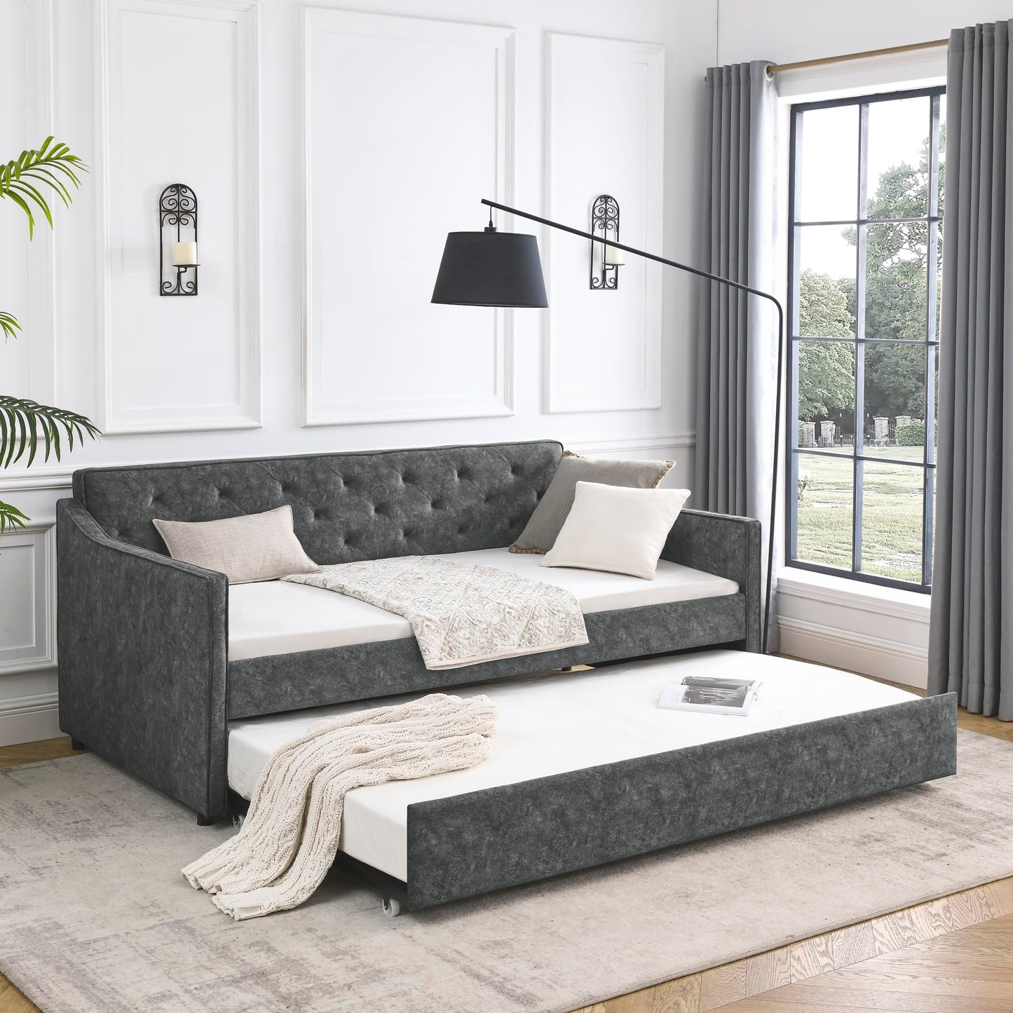 KEIKI Twin Size Upholstery Daybed with Twin Size Trundle and Headboard, Mid-Century Style Tufted Sofa Bed with Waved Arms, Easy Assembly, No Box Spring Required, for Living Room, Grey