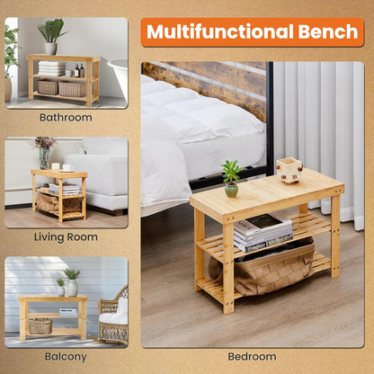 3-Tier 286lb 11.3 27.6 17.8 Inches, Sweetcrispy Shoe Rack Bench, Bamboo Entryway Storage Organizer, Capacity, Shoes
