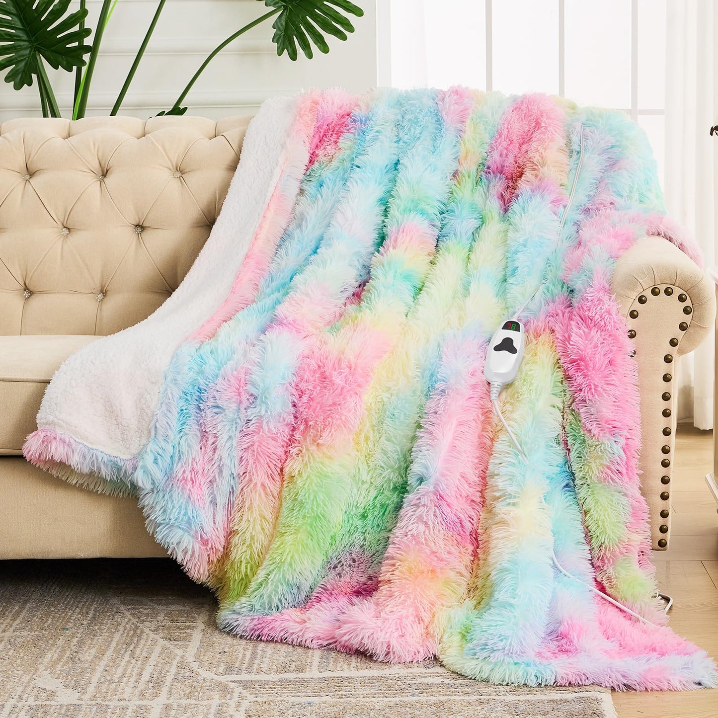 Heated Electric Blanket Throw,Warm Winter Birthday Gifts for Women Her Grandma-Faux Fur with Soft Sherpa,10 Heat Settings,5 Time Settings with Fast Heating, 50x60, Rainbow