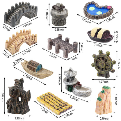 Meooeck 24 Pcs Miniature Garden Accessories Mini Fairy Bridge Figurines Pond Garden Decor Micro Landscape Lighthouse Water Well Ornament for Yard DIY Craft Dollhouse