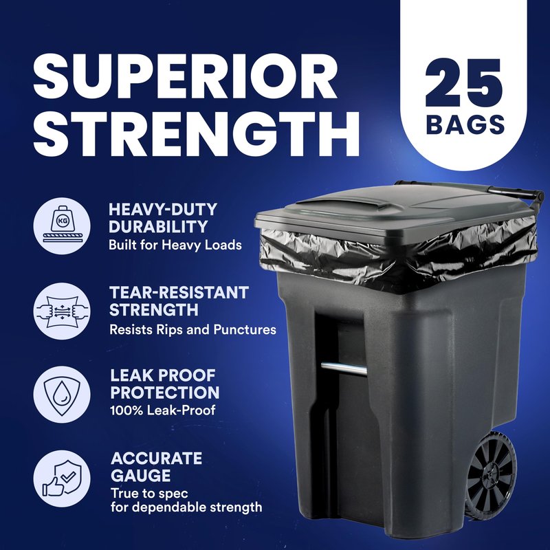 Plasticplace 95-96 Gallon Garbage Can Liners │ 2 Mil │ Black Heavy Duty Trash Bags │ 61” x 68”, 25 Count