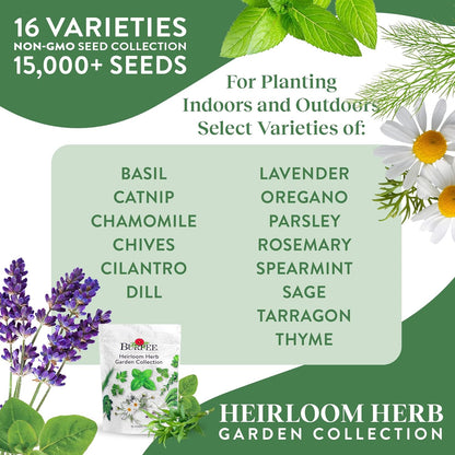 Pack, 16 15,000+ Burpee Heirloom Herb Seeds Variety Non-GMO, Herbs - Seeds with Basil, Chives, Catnip, Chamomile