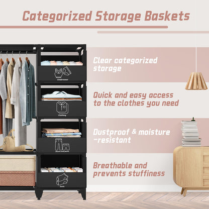 Jofuler Portable Closet, Easy Assembly, Large Capacity Wardrobe Closet, Sturdy and Stable Clothes Rack with Shelves 4 Storage Baskets and 2 Hanging Rods, for Bedroom and Cloakroom Black