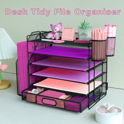 ideallife Desk Organizers and Accessories with File Holder, 6-Tier Paper Letter Tray Organiser with Drawer and 2 Pen Holder, Mesh Desktop Document Organizer for Office Supplies, Workspace - Black