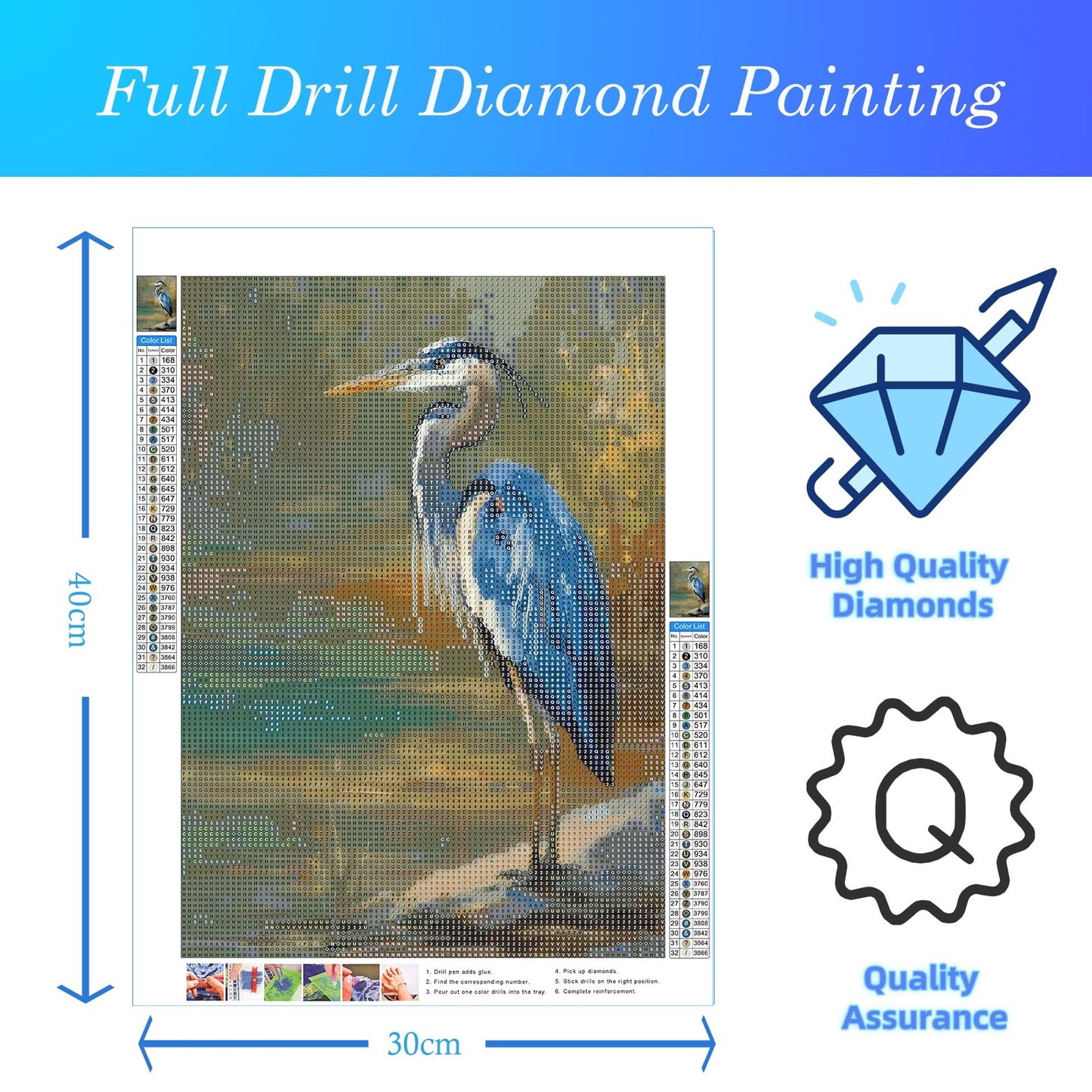 CDYCNXZ Blue Heron Diamond Art Kit for Adults, Nature Wildlife Animal Diamond Painting for Beginners, Bird Round Gemstone Artwork Home Wall Decoration 12x16 inch