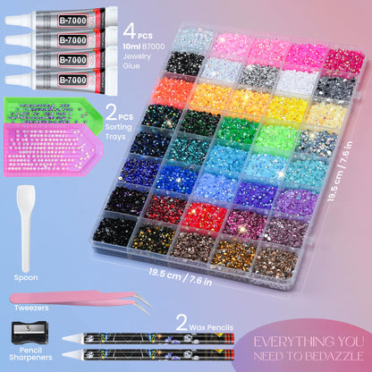 Lotwow 50000Pcs Bedazzling Kit with Rhinestones 3mm, 40 Colors Bedazzler Kit Resin Rhinestones Nail Gems & Glitter Gem Art Supplies, Diamond Art Kits Accessories with Pickup Pen, 4pcs 10ml B7000 Glue