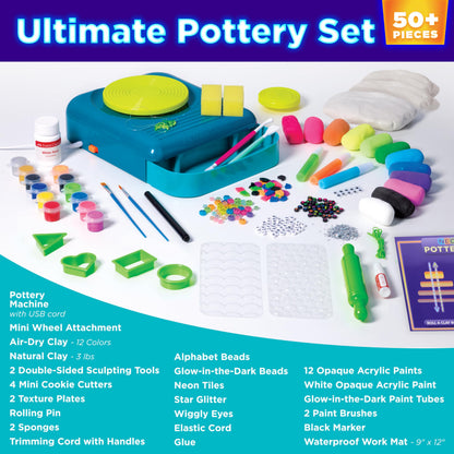 Faber-Castell Neon Glow Pottery Studio: Create Your Own Pottery Designs with USB-Powered Pottery Wheel, Air Dry Clay, Neon & Glow in The Dark Paints, Tools & 50+ Craft Supplies for Kids (Ages 8+)
