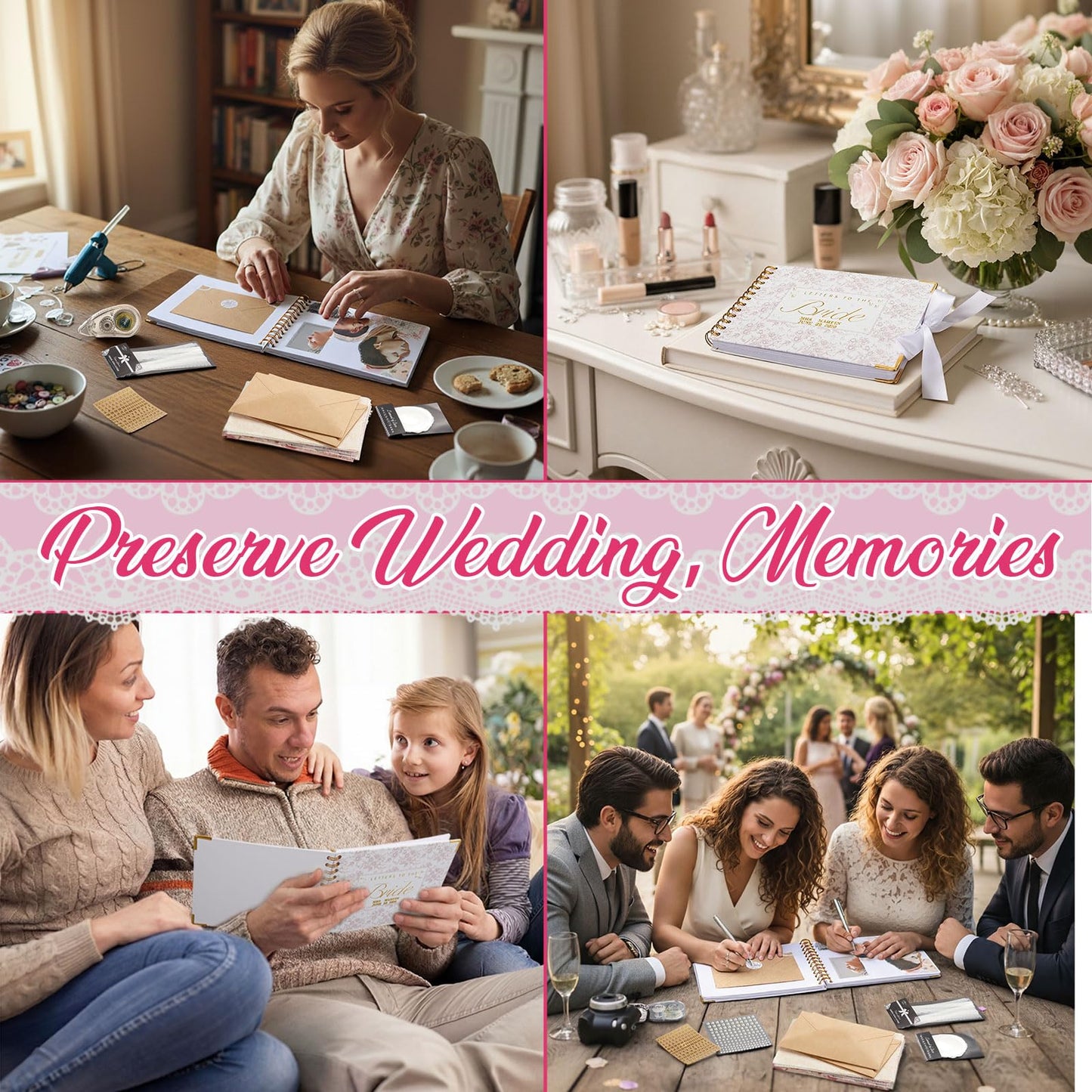 Humyoun Wedding Guest Book Letters to The Bride Scrapbook Wedding Memory Book Bridal DIY Blank Paper Scrapbook Photo Album Guest Sign with Pearl Stickers(8.5 x 7 Inch,Floral,Pink)