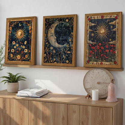 Palette Dreams Set of 3 Wood Framed Wall Art, Sun, Moon and Clouds Theme, Ready to Hang, Fade Resistant, Vibrant Art Prints for Bedroom, Living Room, Hallway, Home Office Decor, 12x16 Inches