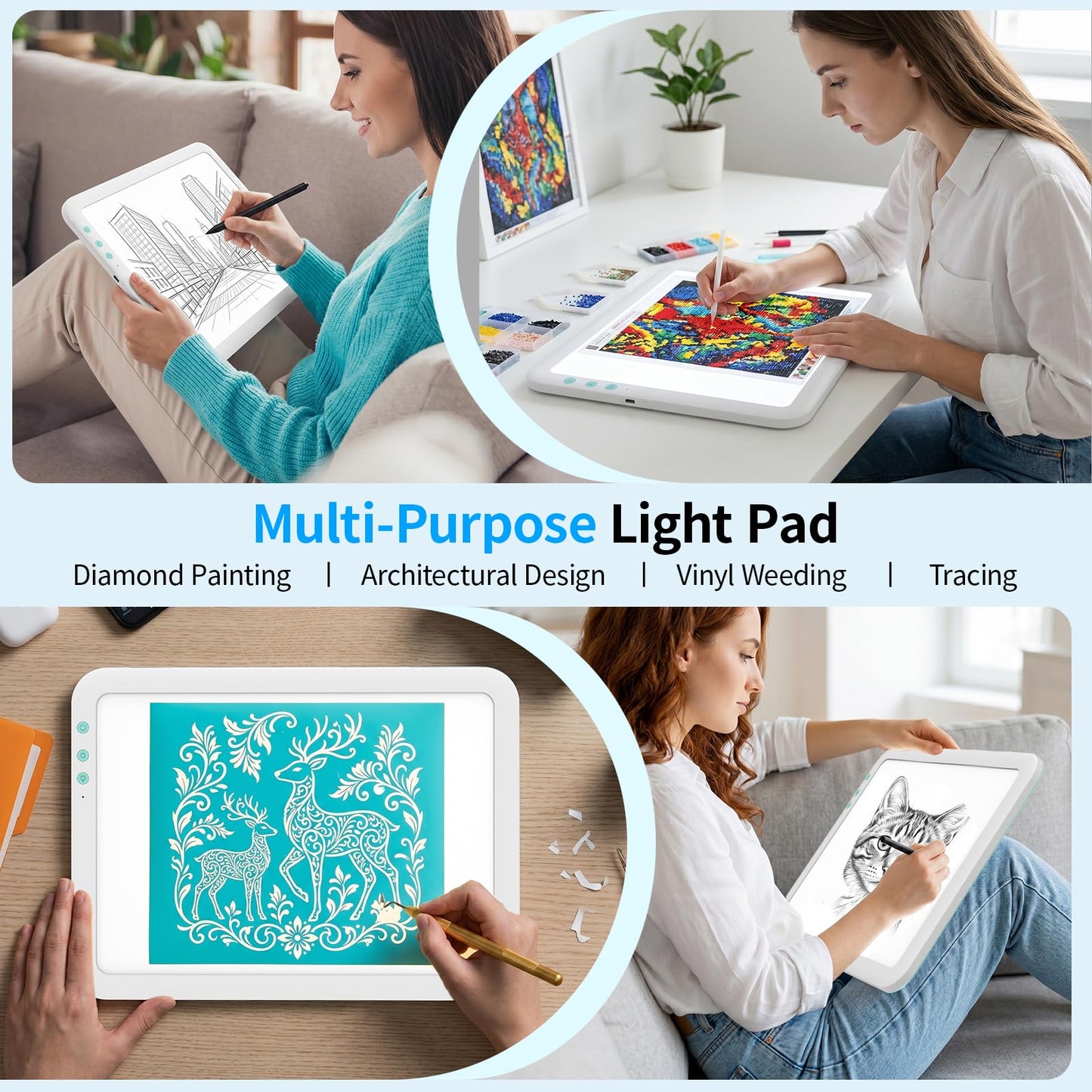TOHETO A4 Rechargeable Led Super Bright Light Pad Powered by 3500mAh Lithium Battery for Weeding Vinyl Tool, Portable Wireless Light Board/Box for Tracing, Diamond Painting, Sketching & Drawing