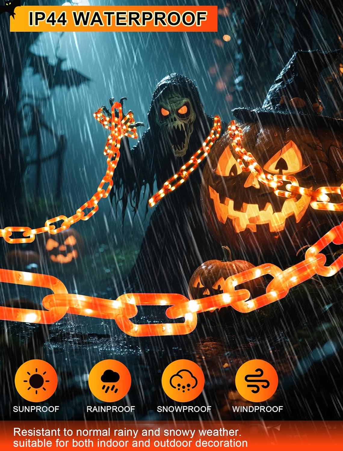 Lights,10.5 175LED Halloween Chain String FT Plastic Chain Orange Light Battery Operated with Memory Timer,Waterproof